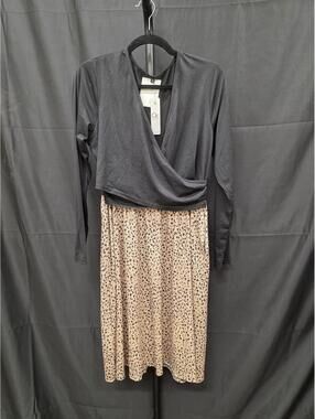 OUGES Maternity leopard Nursing Midi Dress Long Sleeve Fall Winter Baby Shower L